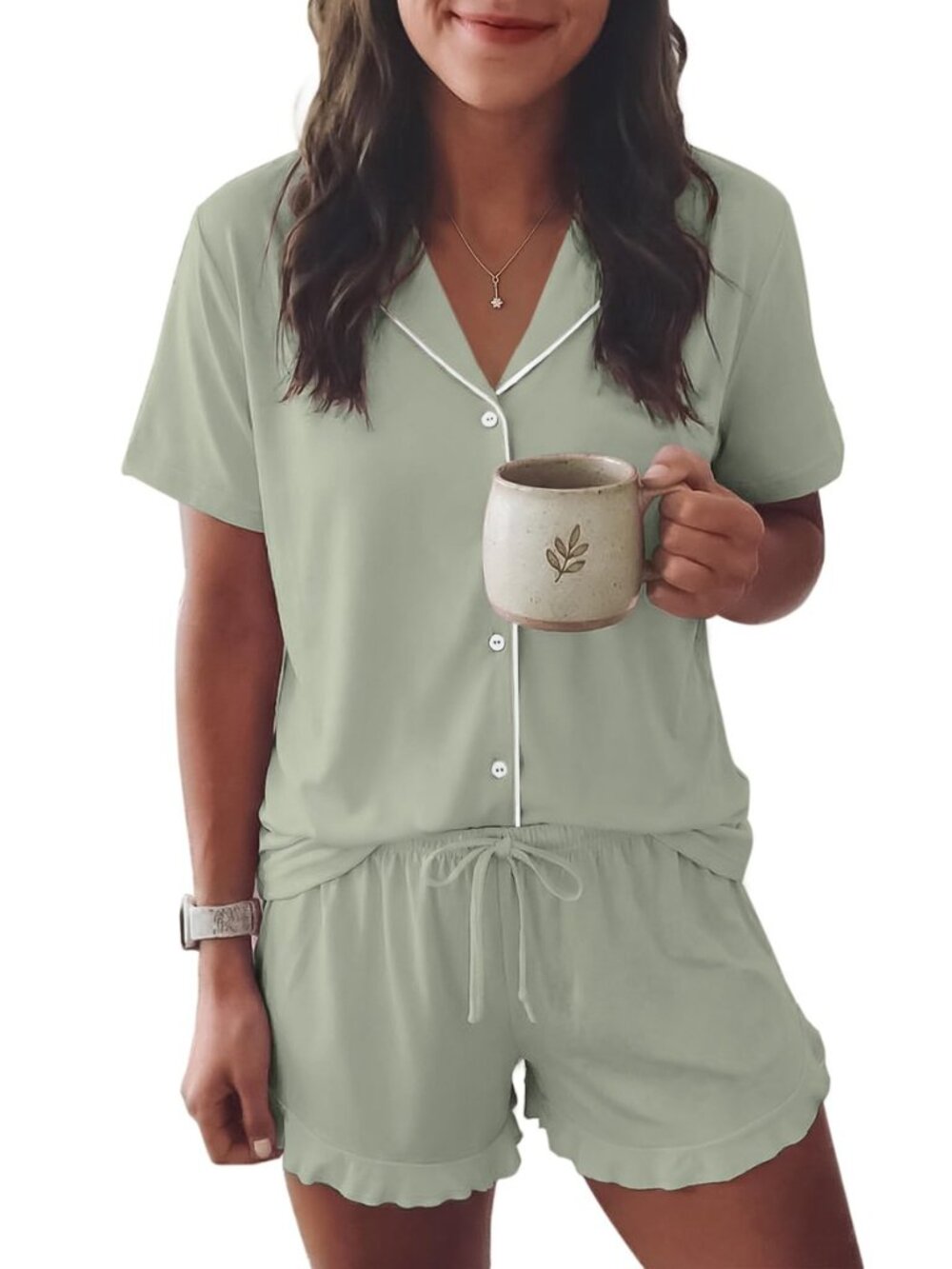 Womens Pajama Sets Button Down Cute Ruffled Pjs Set Sleepwear
